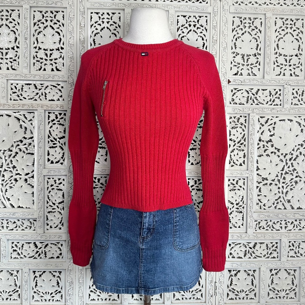 Vintage Tommy Hilfiger Tommy Jeans Red Ribbed Crewneck‎ Fitted Sweater Sz XS